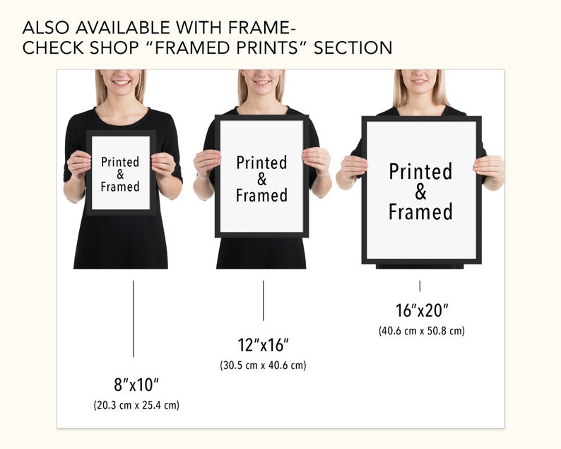K&ouml;nnte beinhalten: Drei schwarze Bilderrahmen mit wei&szlig;em Text, der in jedem Rahmen "Printed & Framed" lautet. Die Rahmen werden von drei verschiedenen Personen gehalten. Die Rahmen sind 8 Zoll mal 10 Zoll, 12 Zoll mal 16 Zoll und 16 Zoll mal 20 Zoll gro&szlig;.