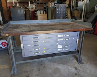 Vintage Industrial  Maple Butcherblock Workbench w Flat File Storage 60" x 30