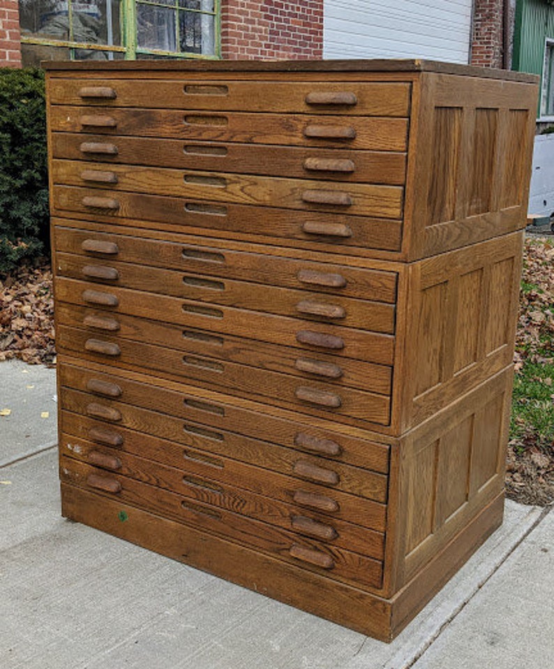 Vintage Hamiltion Oak Wooden Flat File 5 Drawer Unit Etsy