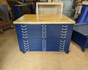 Large Flat File Storage  Work Center  Butcher Block Maple Top Ten 48 x 36 Drawers on Casters