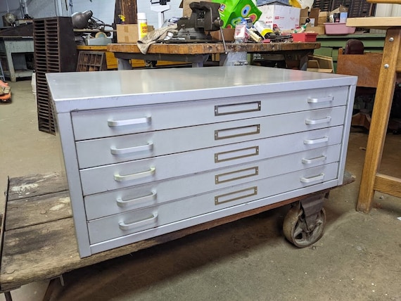 Antique Double Stack Wooden Flat File Cabinet with Hairpin Legs