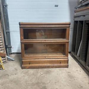 1930s Globe Wernicke Two Tier Barrister Bookcase with Drawer, Antique Mahogany Stacking Lawyer Bookcase, Glass Door Office Display Cabinet