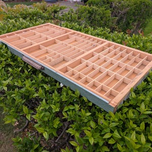 May include: A rectangular wooden tray with numerous small compartments, ideal for organizing small items. The tray has a natural wood finish with a green border and a metal handle. The tray is resting on a bed of green foliage.