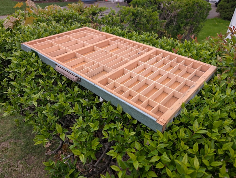 May include: A rectangular wooden tray with numerous small compartments, ideal for organizing small items. The tray has a natural wood finish with a green border and a metal handle. The tray is resting on a bed of green foliage.