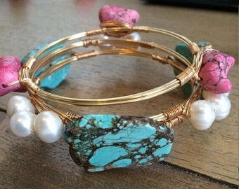 Pearl, Turquoise and Pink Stone Stacked Wire Bangle