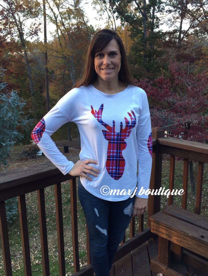 Plaid deer shirt antler top doe elbow patch tshirt image 1