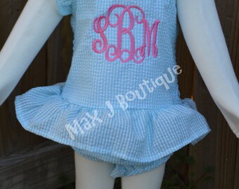 Monogrammed One Piece Seersucker Girls Bathing Suit - Personalized Girls Swimsuit