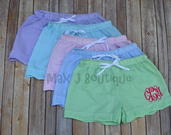 Monogrammed Seersucker Shorts Purple -  Personalized scalloped edge shorts - Lounge Shorts
