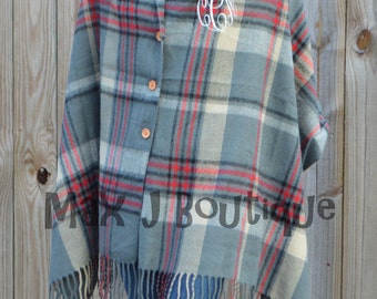 Monogrammed Plaid Blanket Scarf with Buttons - Personalized Blanket Scarf - Monogrammed Poncho - 4 COLORS