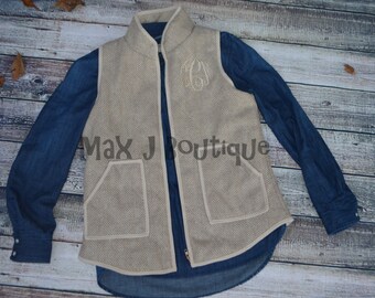 Monogrammed Tan Herringbone Vest - Personalized Embroidered Tweed Vest