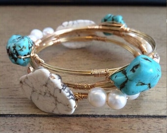 Pearl and Turquoise Stone Stacked Wire Bangle