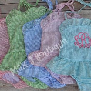 Monogrammed One Piece Seersucker Girls Bathing Suit Personalized Girls Swimsuit image 2