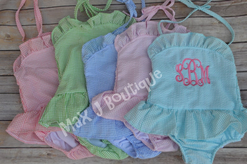 Monogrammed One Piece Seersucker Girls Bathing Suit Personalized Girls Swimsuit image 2