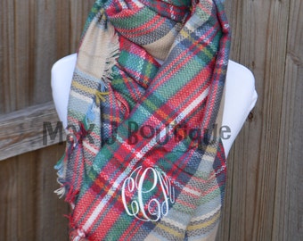 Monogrammed Blanket Scarf - Personalized wrap - Plaid Scarf - 5 COLORS