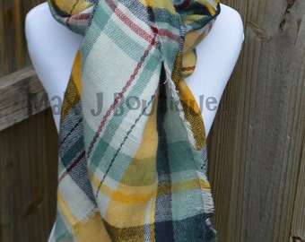 Monogrammed Blanket Scarf - Personalized wrap - Yellow and navy Plaid Scarf