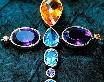 Unique Multi Gem Cross Pendant Necklace 'Sainte Chapelle' 18k Gold Amethyst Blue Topaz Citrine Gemstone Cross Authentic Gemstone Gold Custom