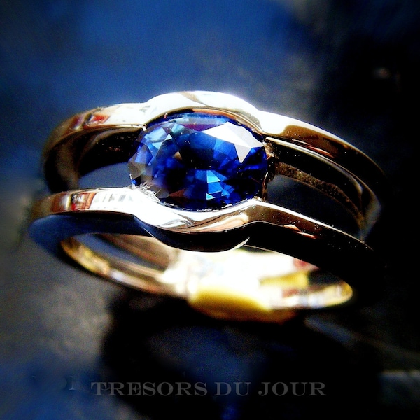 Unique Natural Blue Sapphire Ring Engagement Simple Oval 14k White Gold Solitaire Ring for Women Custom Rose Silver Yellow Pink Green Teal