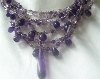 Genuine Purple Amethyst Multi Strand Stone Necklace Gold Natural Womens Statement Bead Necklace Beaded