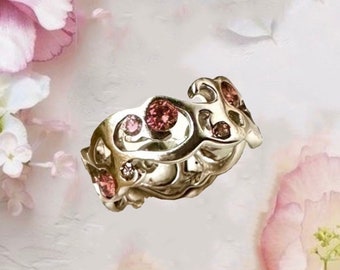 Unique Multi Gemstone Wedding Promise Ring Wave Lace Filigree Band, Genuine Natural Pink Sapphire 14k White Rose Gold Gifts for Her Women