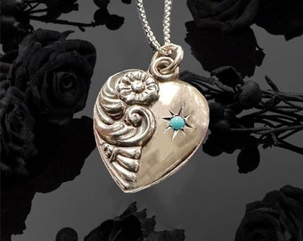 Vintage Heart Pendant Necklace in Sterling Silver with Genuine Turquoise, Dainty Heart Shaped Layering Necklace Charm, Valentines Day Gift