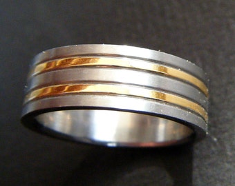Mens Wedding Band Unique Minimalist Mens Twotone Ring Custom Handmade in Silver with 18k Yellow or White Gold with Yellow / Rose Gold Gift