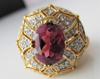 Unique Vintage STATEMENT or Cocktail RING with genuine Red Pink Tourmaline and cz accent stones gold filled