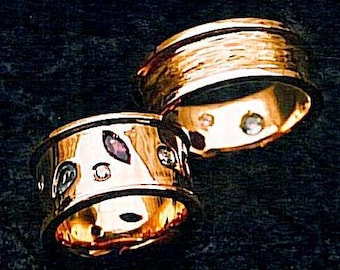 Unique WEDDING BAND SET Platinum Wedding Band with Gemstones Diamonds, Etruscan Wedding Rings, Conflict-Free Diamonds Bespoke Wedding Bands