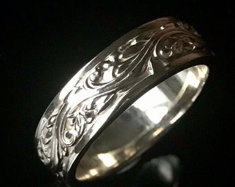 Sculpted Wedding Band Rings Silver 14k White Gold Victorian Unique  Floral Flower Vine Natural Sculpted Antique Vintage Pattern Platinum