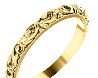 Custom Victorian Leaf Scroll Stacking Wedding Ring, Sculpted in 10k 14k or 18k Solid Yellow Gold Platinum, Vintage Floral Band