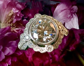 Custom Diamond Cluster Halo Engagement Ring Diamond Lab Moissanite Sapphire or Gemstone Handmade Vintage Statement Rings Milgrain Womens