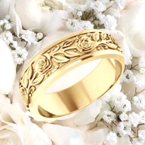 Flower Engraved sculpted Wedding Band ring ROSE for Women Men Unisex in solid 10k 14k 18k Yellow Gold Floral Leaves Rings