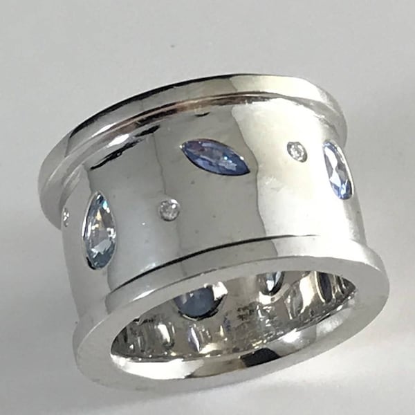 Unique Wide WEDDING RING Band Sapphire Renaissance 'Confetti' Gemstones Custom Bepoke Ring Platinum Wedding Ring Anniversary Ring White Gold