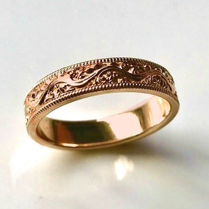 Engraved Sculptural Vintage style Wedding Band with Millegrain  14k Yellow, White or Rose Gold Wide Victorian Floral Wedding Band