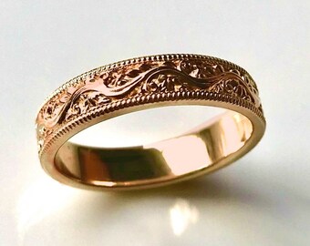 Engraved Sculptural Vintage style Wedding Band with Millegrain  14k Yellow, White or Rose Gold Wide Victorian Floral Wedding Band