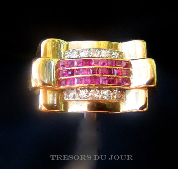 Rare Vintage Art Deco Ruby Diamond TANK Ring 18k … - image 3