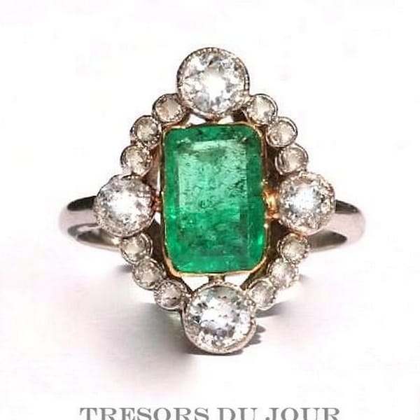 Emerald Edwardian Engagement Ring 'Chambord' Art Deco Engagement Ring EMERALD Diamond Edwardian Halo Engagement RING 18k yellow white gold