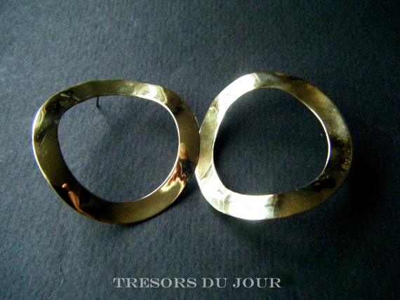 Hoop Earrings Vintage 1980s Handmade Brass Round E
