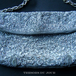 Vintage Beaded Evening Bag Handbag Silver Grey Gray 1920s Art Deco French,