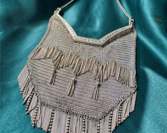 Rare Art Deco Solid Silver Mesh Evening Bag with Fringe Detail and Engraved Snap Handle Purse, Unique Historical Fashion Gift for Her