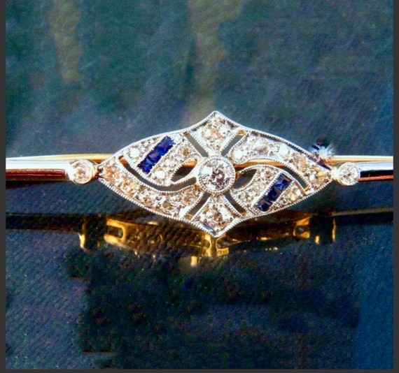 Broche Art Déco Ancienne En Argent Et Saphir Bleu - Bijou Vintage Femme, état Parfait