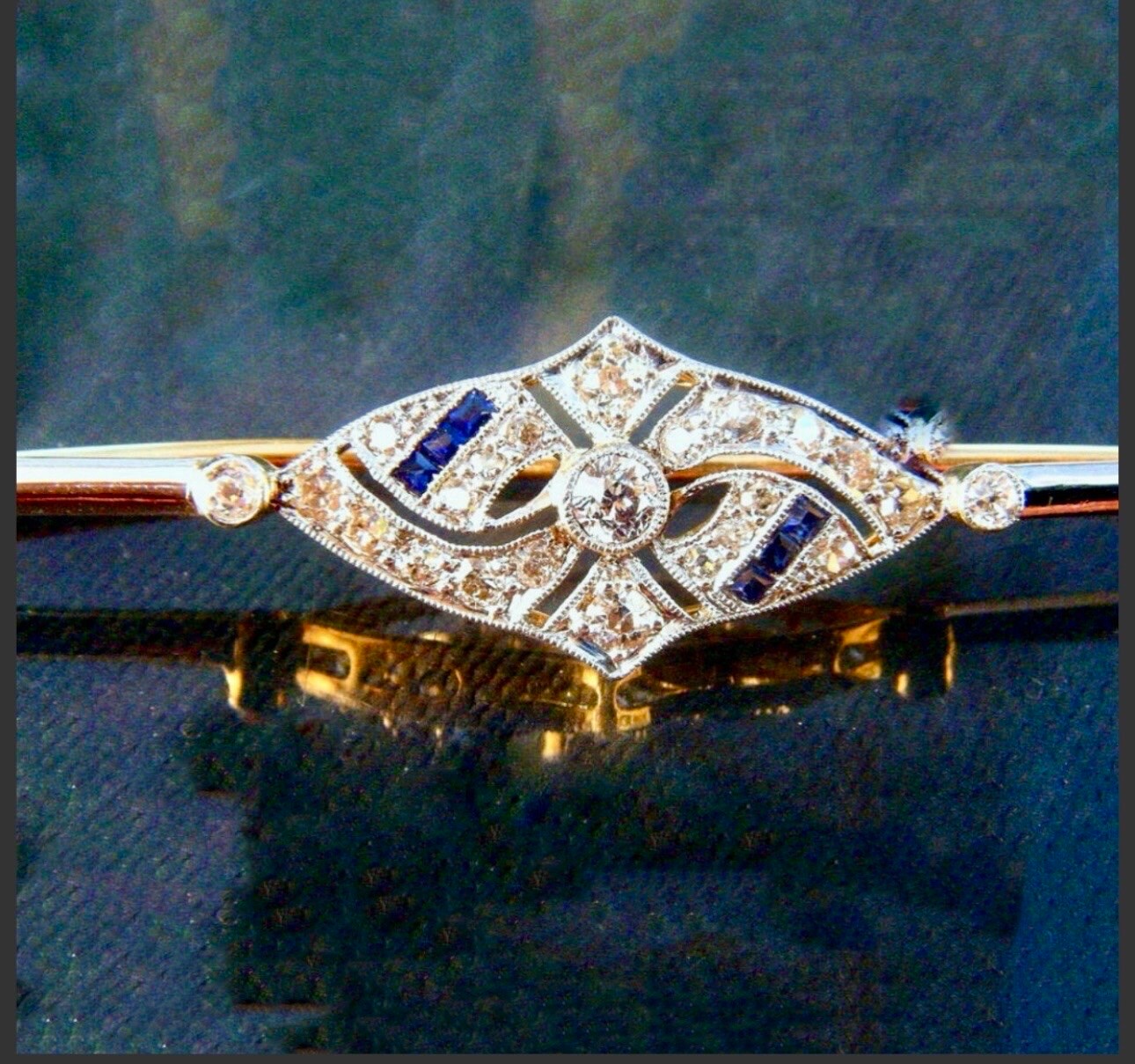 Broche Art Déco Or Et Cristaux Saphir - Bijou Vintage Immense - Modèle 2581