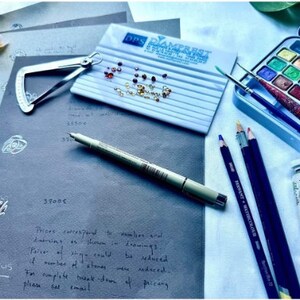 Op de afbeelding: Een werkruimte voor het ontwerpen van sieraden met een verscheidenheid aan gereedschappen en materialen.  Er zijn verschillende vellen papier met schetsen van sieradenontwerpen, een klein dienblad met edelstenen, een schuifmaat, een pen, een set kleurpotloden, een aquarelverfset en een tube verf.  De tekst op het papier luidt: "Prijzen komen overeen met het aantal en de afmetingen zoals weergegeven in de tekeningen.  Als het aantal stenen zou kunnen worden verminderd, zouden de prijzen in de fase kunnen worden verminderd.  Voor een volledige uitsplitsing van de prijzen, neem dan contact op via e-mail."