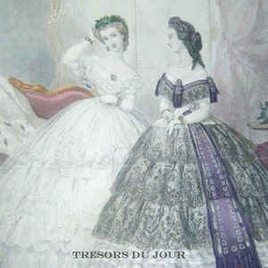 Antique FRENCH FASHION PLATE, Hand Painted in Purple and Red, c. 1862 Antique Fashion Illustration from Paris