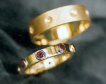 Unique Wedding Band Set, His and Hers Custom Handmade Medieval Etruscan inspired Gemstone Stackable Alternative Couple Promise Rings