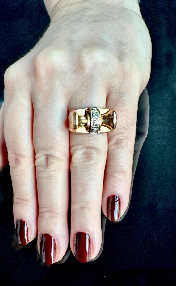 Art Deco Tank Ring, Rare Handmade 18k Gold Natura… - image 3