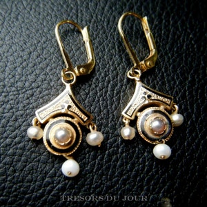 RESERVED Antique Pearl Earrings, Very Rare Second Empire 18kt GOLD EARRINGS with Black Enamel Pearls Renaissance Revival French c 1865 image 2