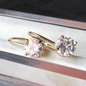 Moissanite Leverback EARRINGS Dangle 14k Gold Supernova Harro Charles Colvard Moissanite Lever back Earrings Round Moissanite Drop Earrings