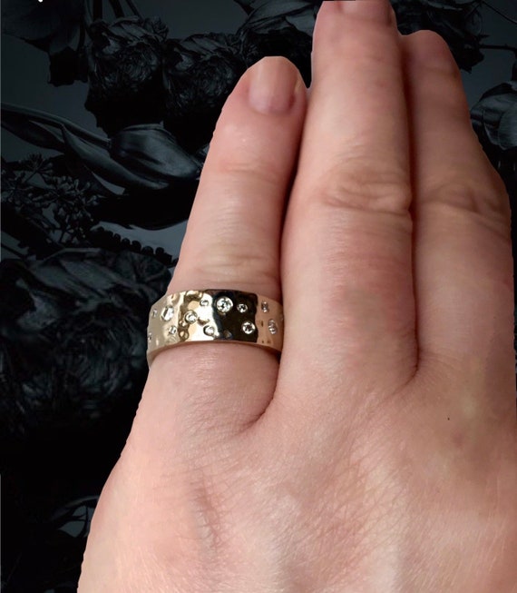 Unique Custom Handmade Natural Diamond Wedding Band Wide HAMMERED
