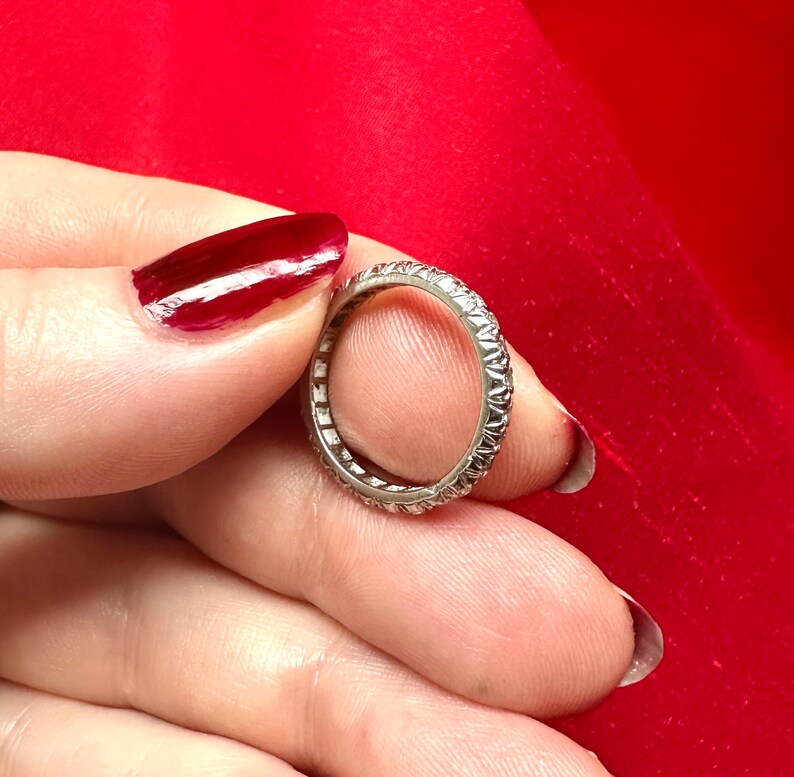 Vintage Art Deco Diamond Wedding Band, Elegant Platinum Genuine Full Eternity Anniversary Ring image 5