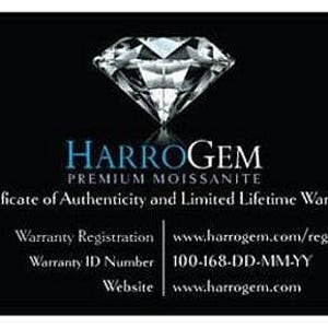 May include: A black business card with the HarroGem logo, a diamond graphic, and text. The text includes "Premium Moissanite," "Certificate of Authenticity," and website information.
